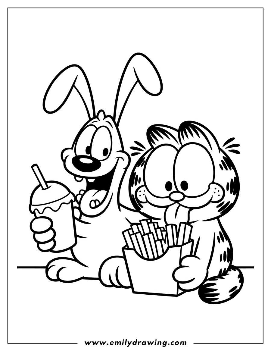 Line art of Garfield eating french fries and Odie drinking a milkshake.