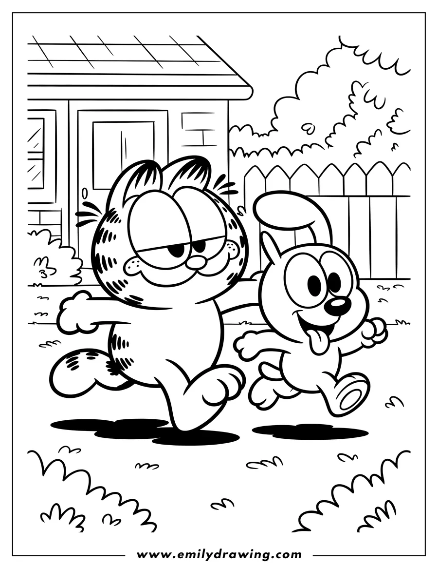 Garfield and Odie running in the yard.