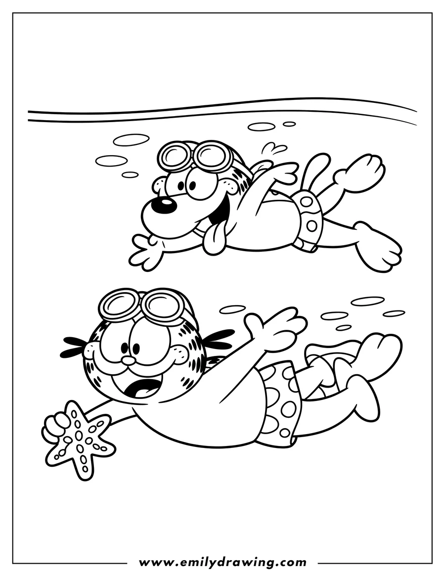 Garfield and Odie swimming underwater. Garfield holds a starfish and Odie has his tongue sticking out.