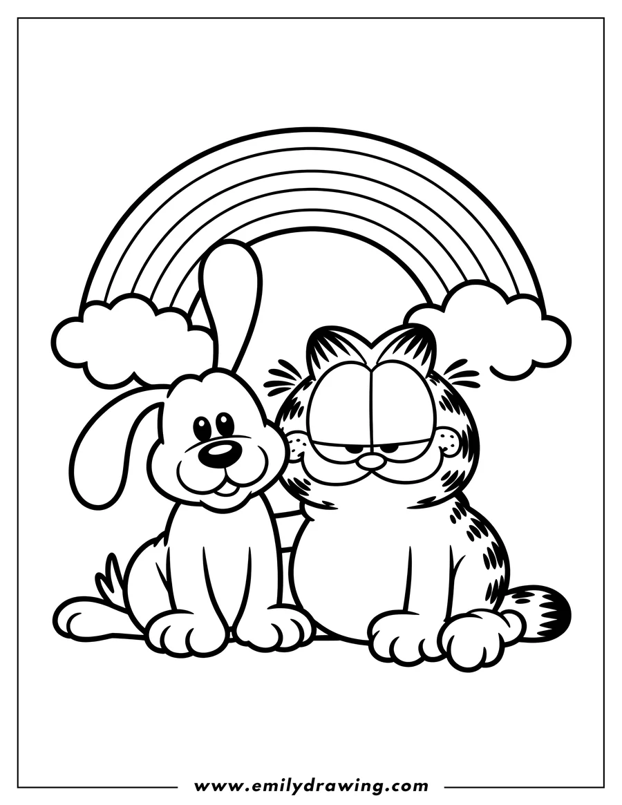 Outline of Garfield and Odie sitting under a rainbow with fluffy clouds