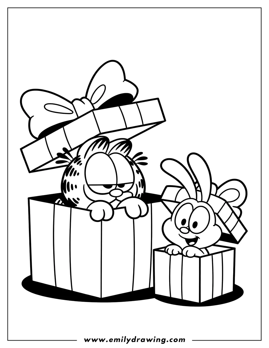Line art of Garfield and Pooky in gift boxes. Garfield looks grumpy, while Pooky looks happy.
