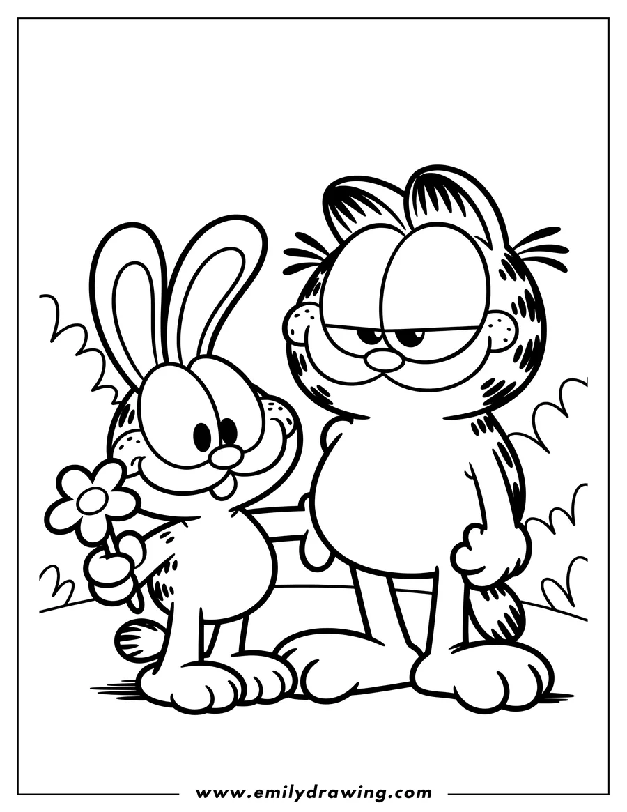 Line art of Garfield the cat standing next to a rabbit holding a flower. They appear to be in a friendly interaction.