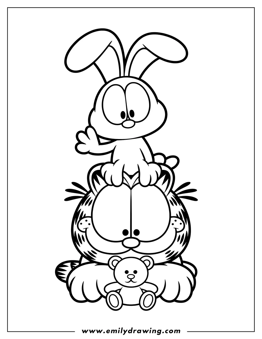 Outline of Garfield the cat with a rabbit sitting on his head and a teddy bear between his paws.