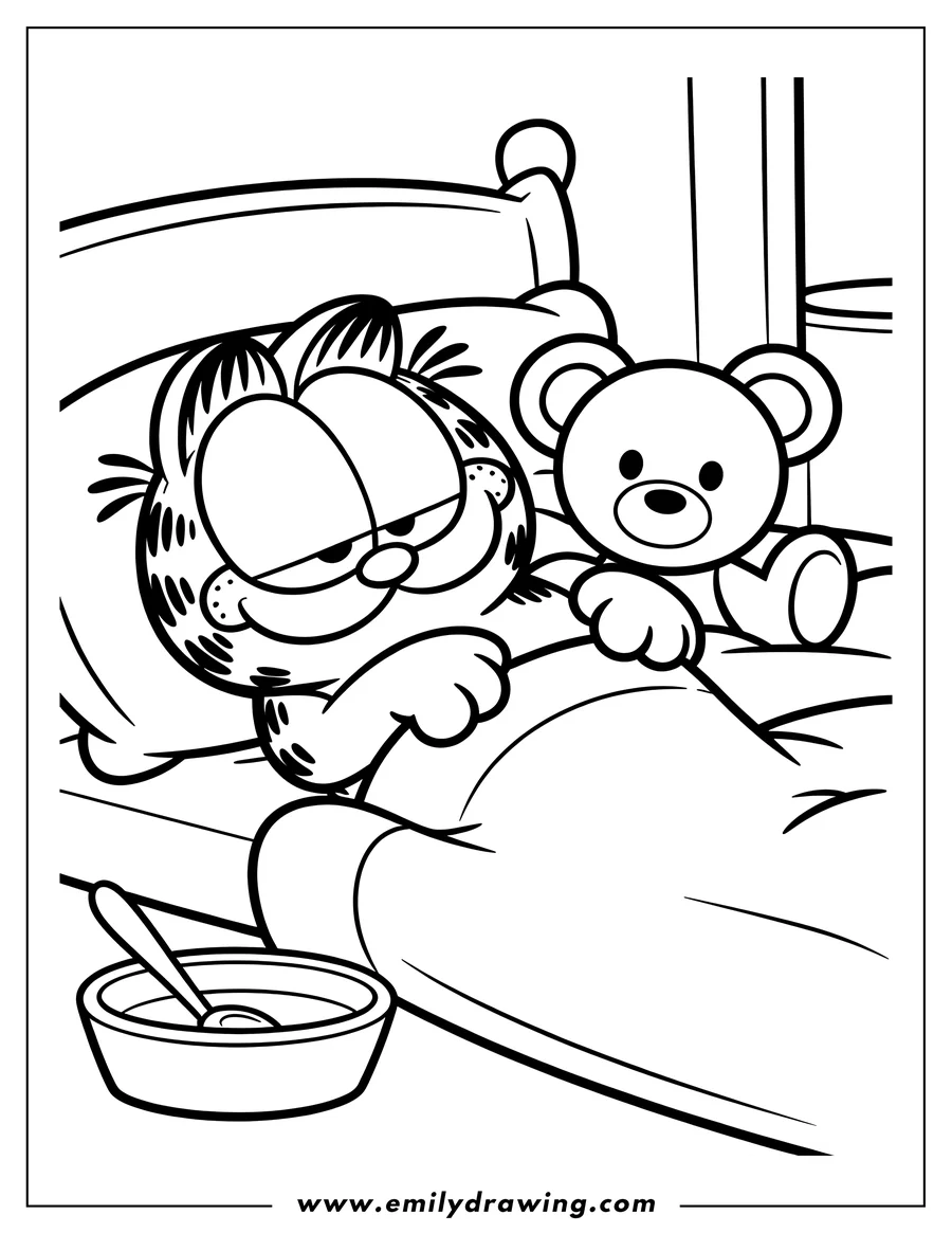 Outline of Garfield in bed with his teddy bear and a bowl of food beside him.