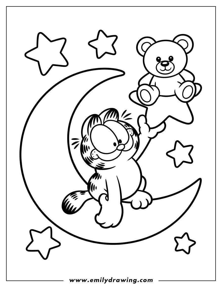 Line art of Garfield sitting on the crescent moon with his teddy bear, surrounded by stars.