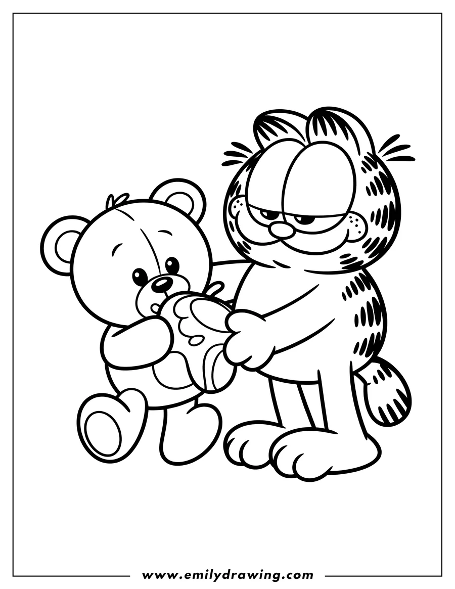 Line art of Garfield and a teddy bear holding a ball together. Ready to be colored in!