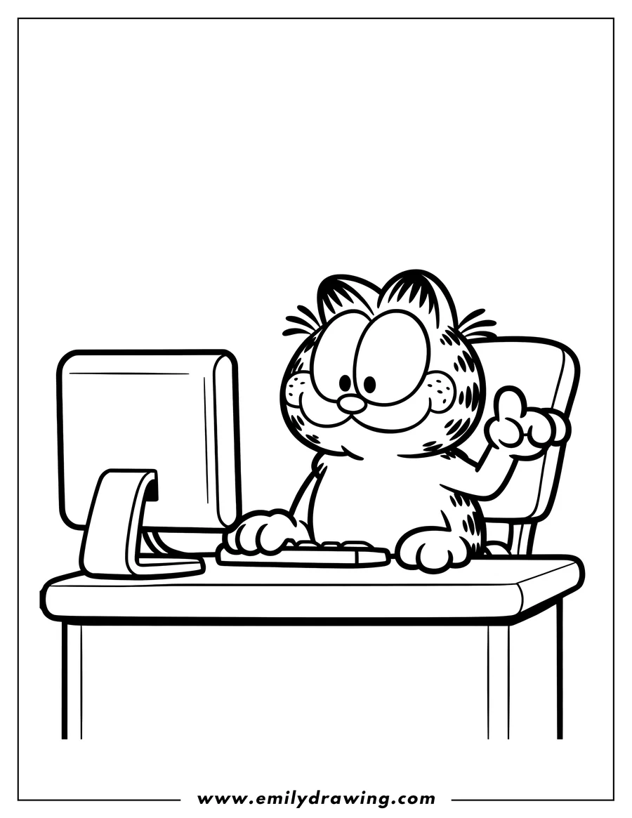 Line art of Garfield the cat sitting at a desk, using a computer.