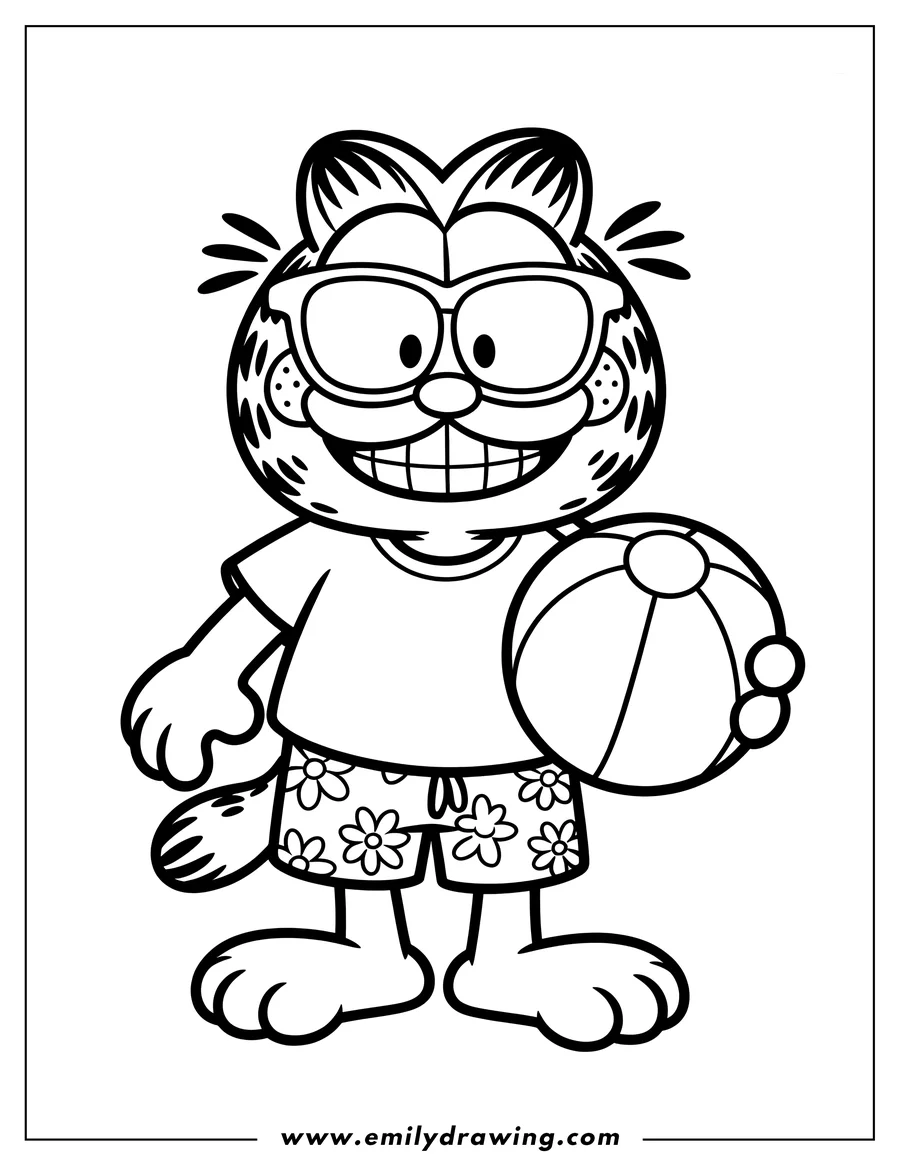 Line art of Garfield wearing swim trunks and holding a beach ball.
