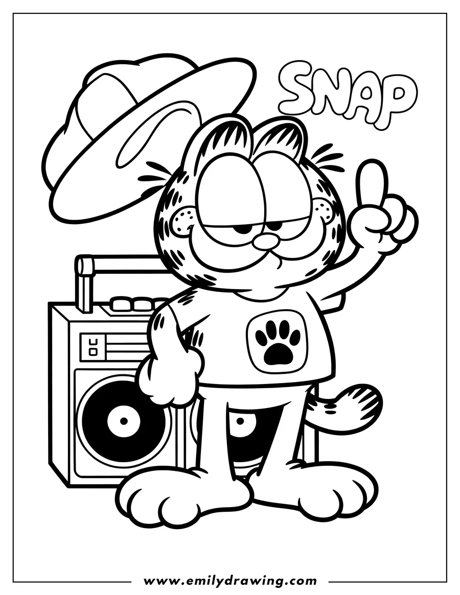 Line art of Garfield wearing a hat and paw print t-shirt, standing next to a boombox