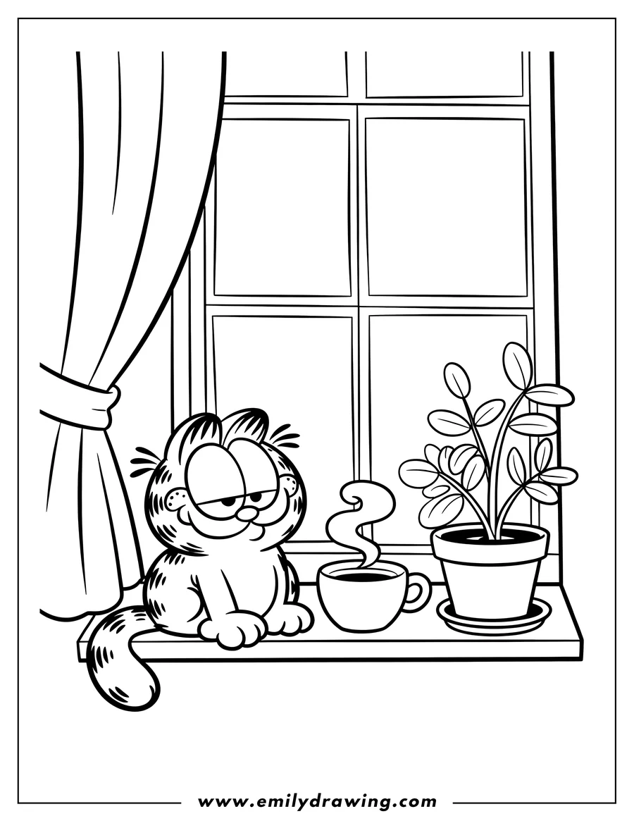 Line art of Garfield sitting on a window sill with a steaming cup of coffee next to a potted plant.