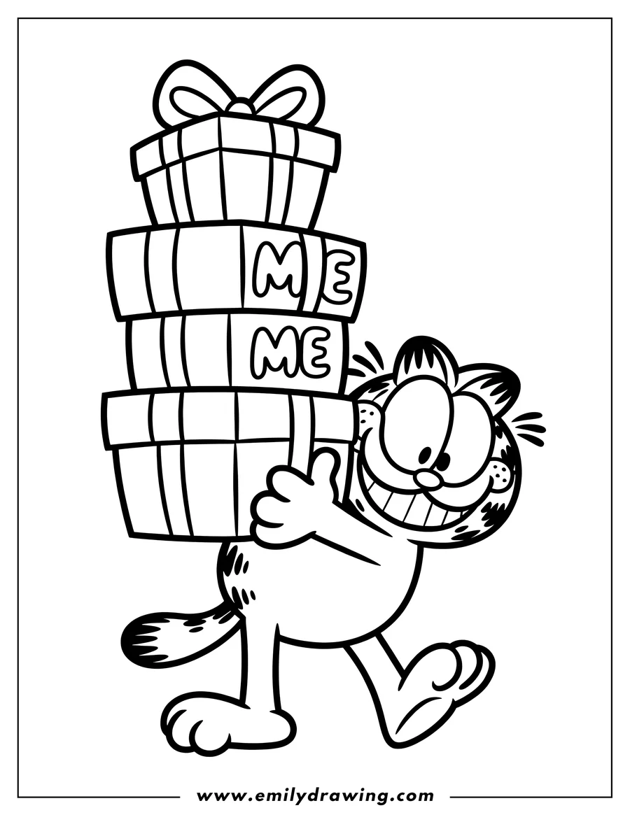 Line art of Garfield the cat carrying a stack of presents labeled
