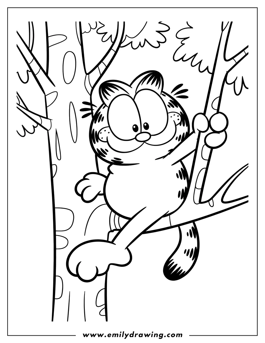 Line art of Garfield the cat climbing a tree, smiling mischievously.