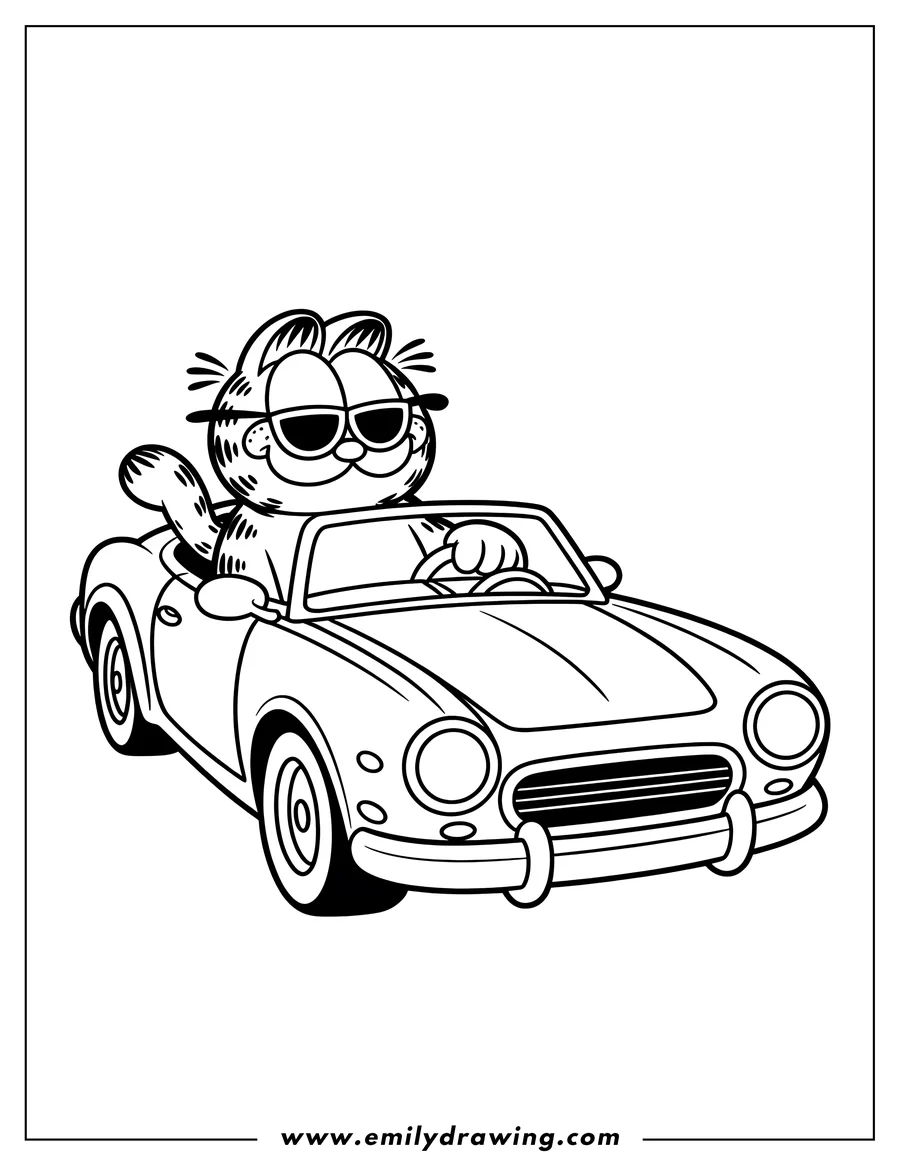 Line art of Garfield driving a convertible car while wearing sunglasses.