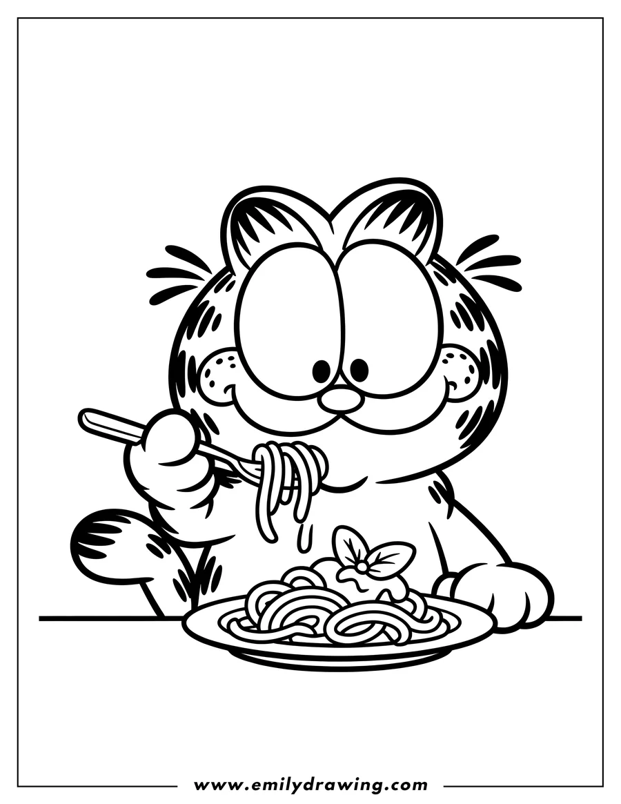 Line art of Garfield the cat happily eating a plate of spaghetti with a fork.