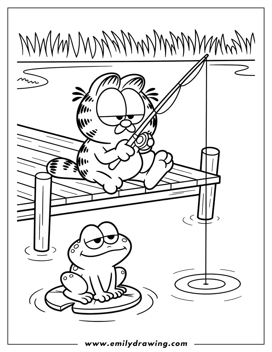 Line art of Garfield fishing from a dock with a curious frog watching nearby on a lily pad.