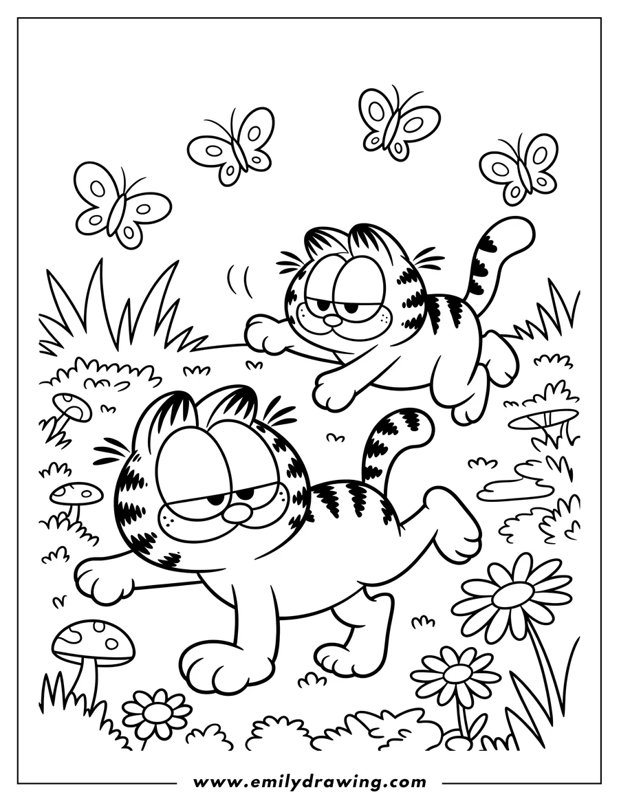 Line art of Garfield the cat walking in a garden filled with flowers, grass, and mushrooms. Butterflies are also visible.