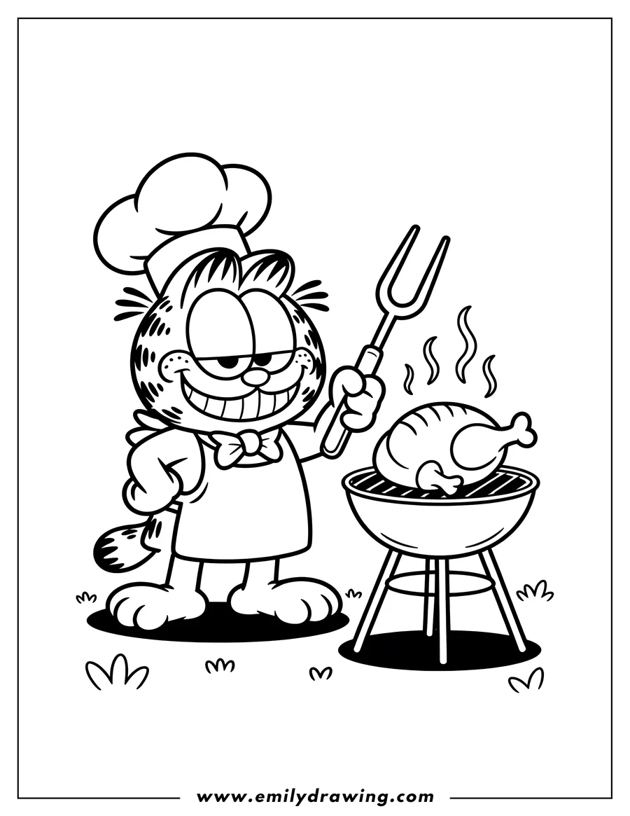 Line art of Garfield the cat, wearing a chef's hat and apron, grilling a chicken leg on a barbecue.