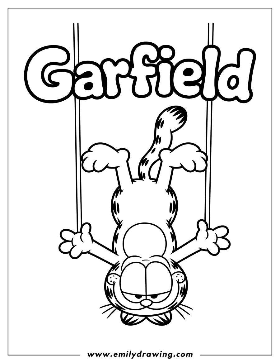 Line art of Garfield hanging upside down from his arms, with his name written above him.