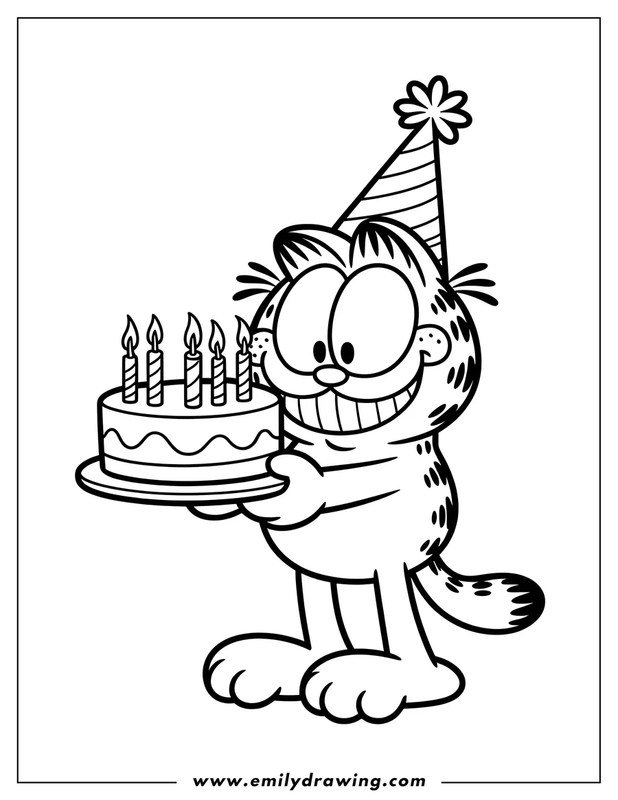 Line art of Garfield the cat holding a birthday cake with lit candles, wearing a party hat.