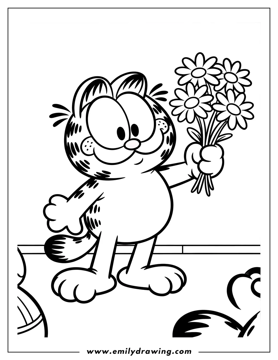 Line art of Garfield holding a bouquet of daisies.