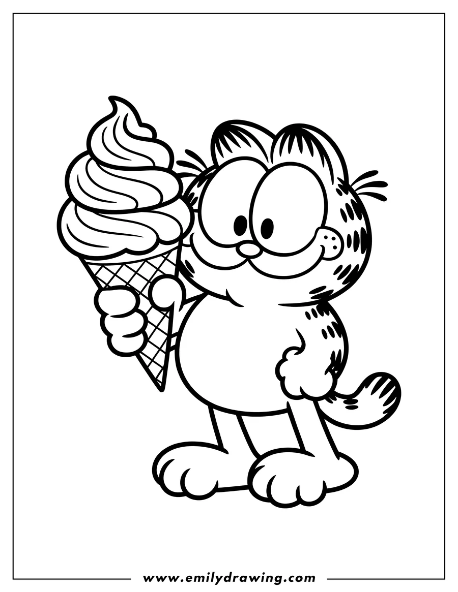 Line art of Garfield the cat holding a large ice cream cone.
