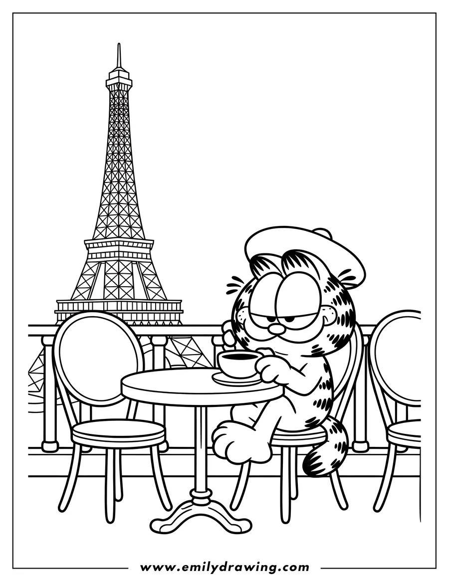 Outline of Garfield sitting at a cafe table with the Eiffel Tower in the background.