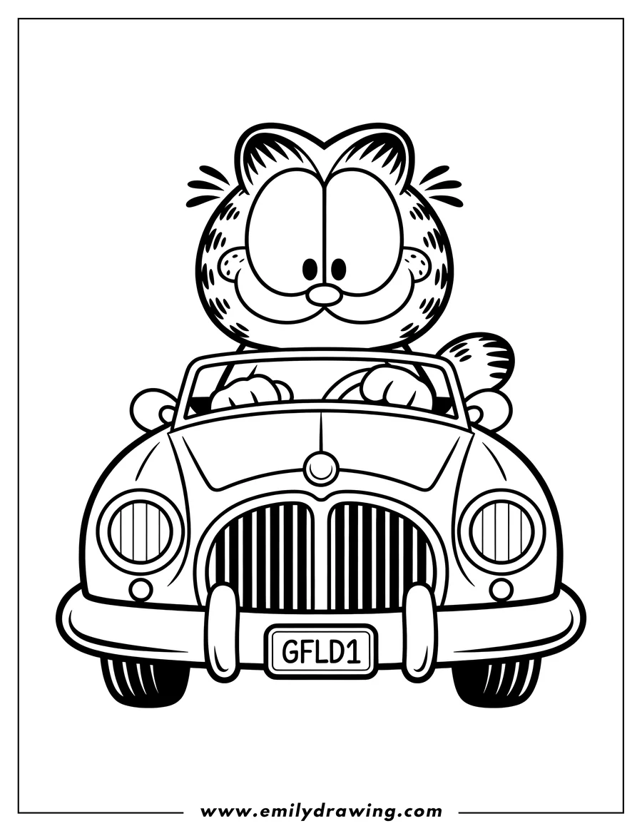 Outline of Garfield sitting in a vintage car, holding the steering wheel.