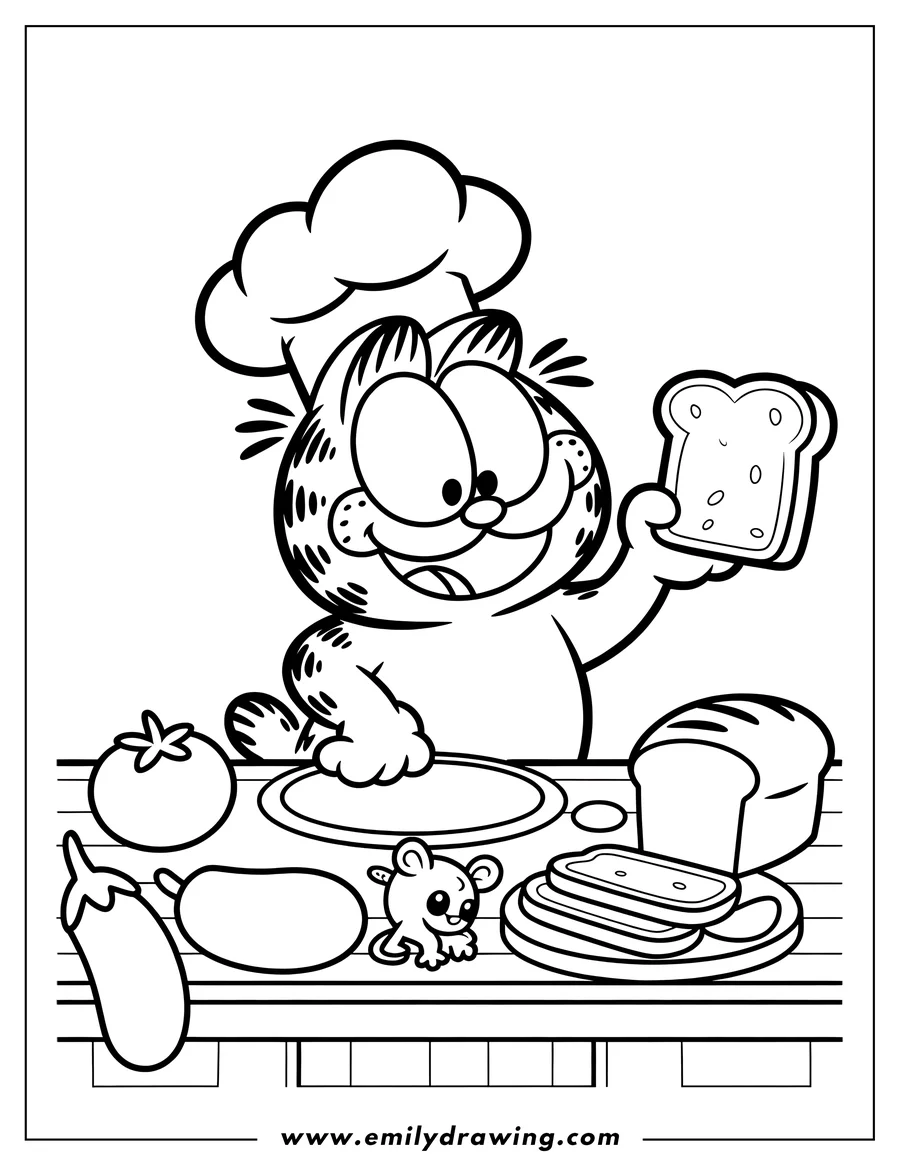 Line art of Garfield the cat wearing a chef's hat and making a sandwich. He is holding a slice of bread in one hand, with various ingredients like a tomato, eggplant, a loaf of bread, and a prepared sandwich visible on the counter. A small mouse is also present.