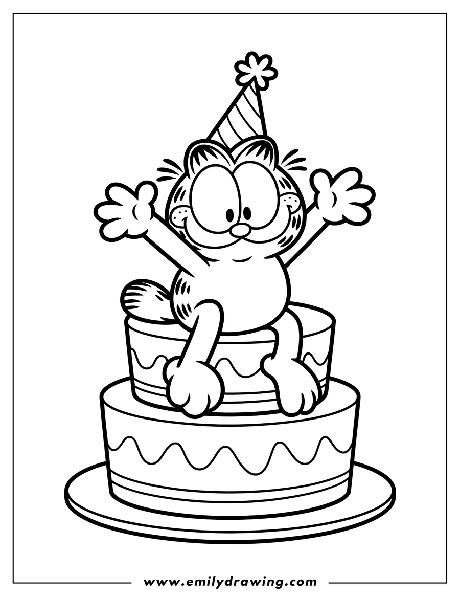 Line art of Garfield the cat sitting on a two-tiered birthday cake, wearing a party hat and his arms outstretched.