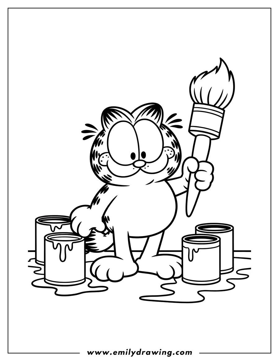 Line art of Garfield the cat holding a paintbrush, ready to paint with paint cans and spills around him.