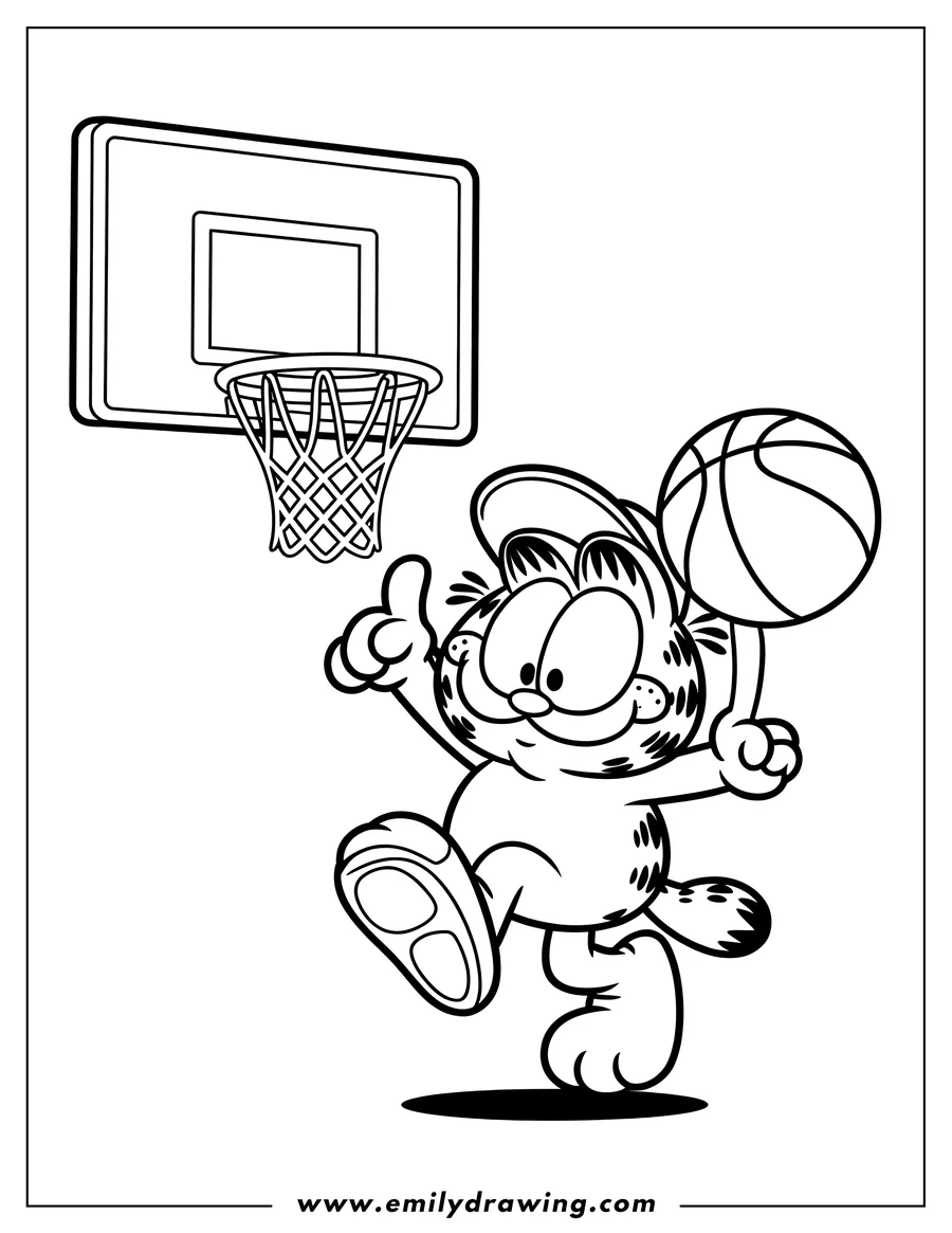 Line art of Garfield dribbling a basketball near a basketball hoop. He's wearing a baseball cap turned backwards and gives a thumbs up.