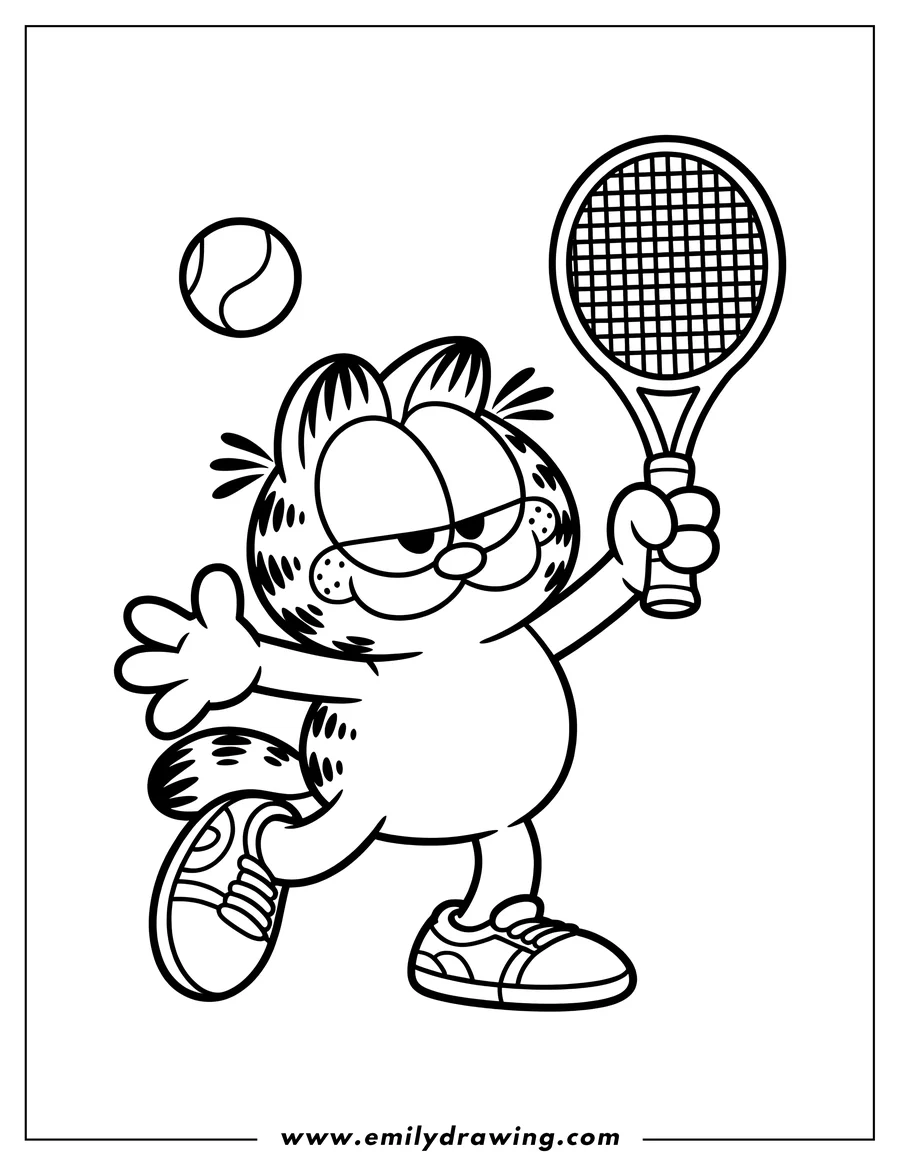 Line art of Garfield playing tennis. He holds a tennis racket and a ball floats above him. He is wearing sneakers.