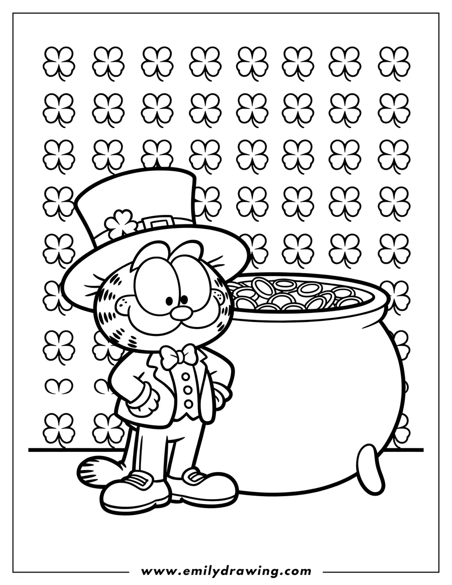 Line art of Garfield wearing a St. Patrick's Day outfit and standing next to a pot of gold.