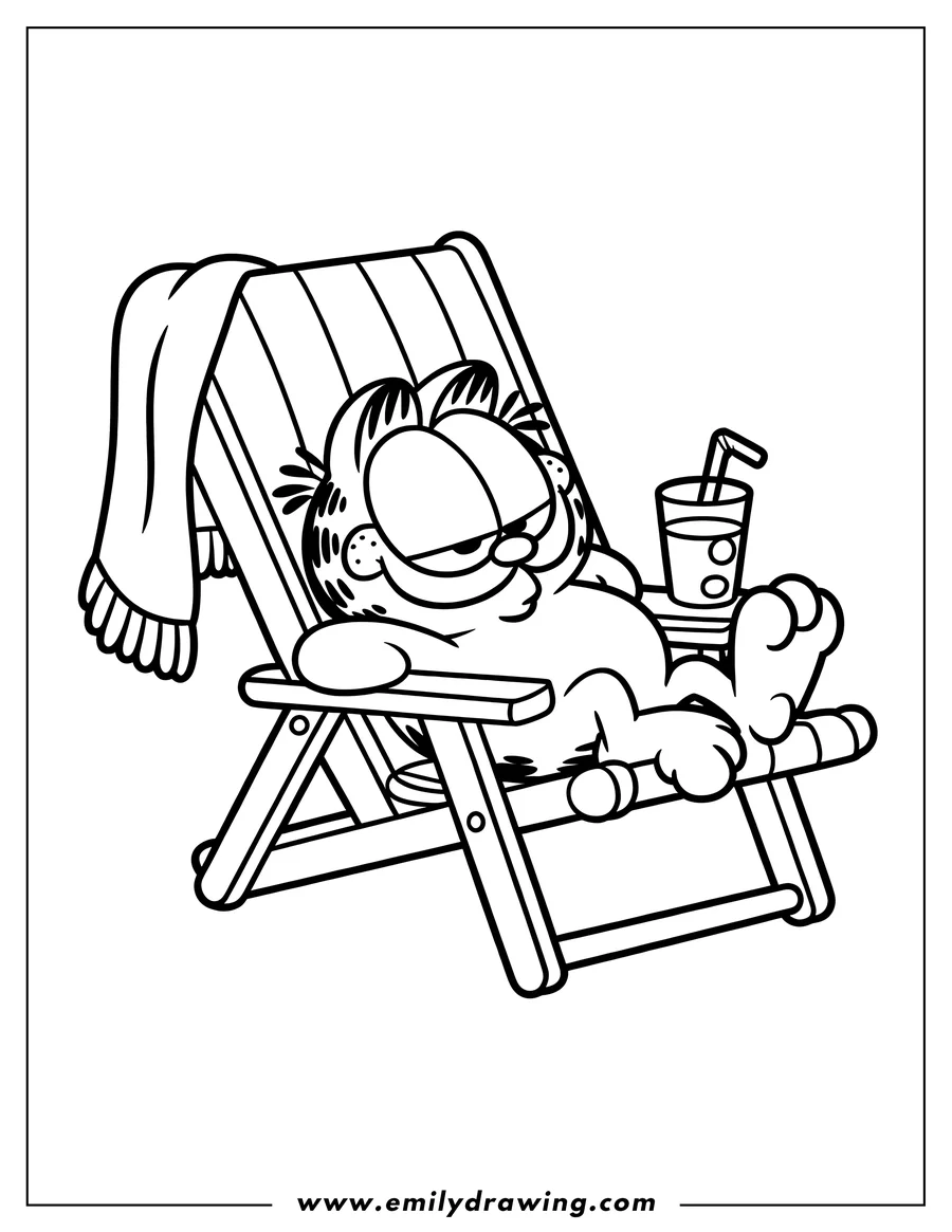 Line art of Garfield relaxing in a beach chair with a drink and a towel draped over the back