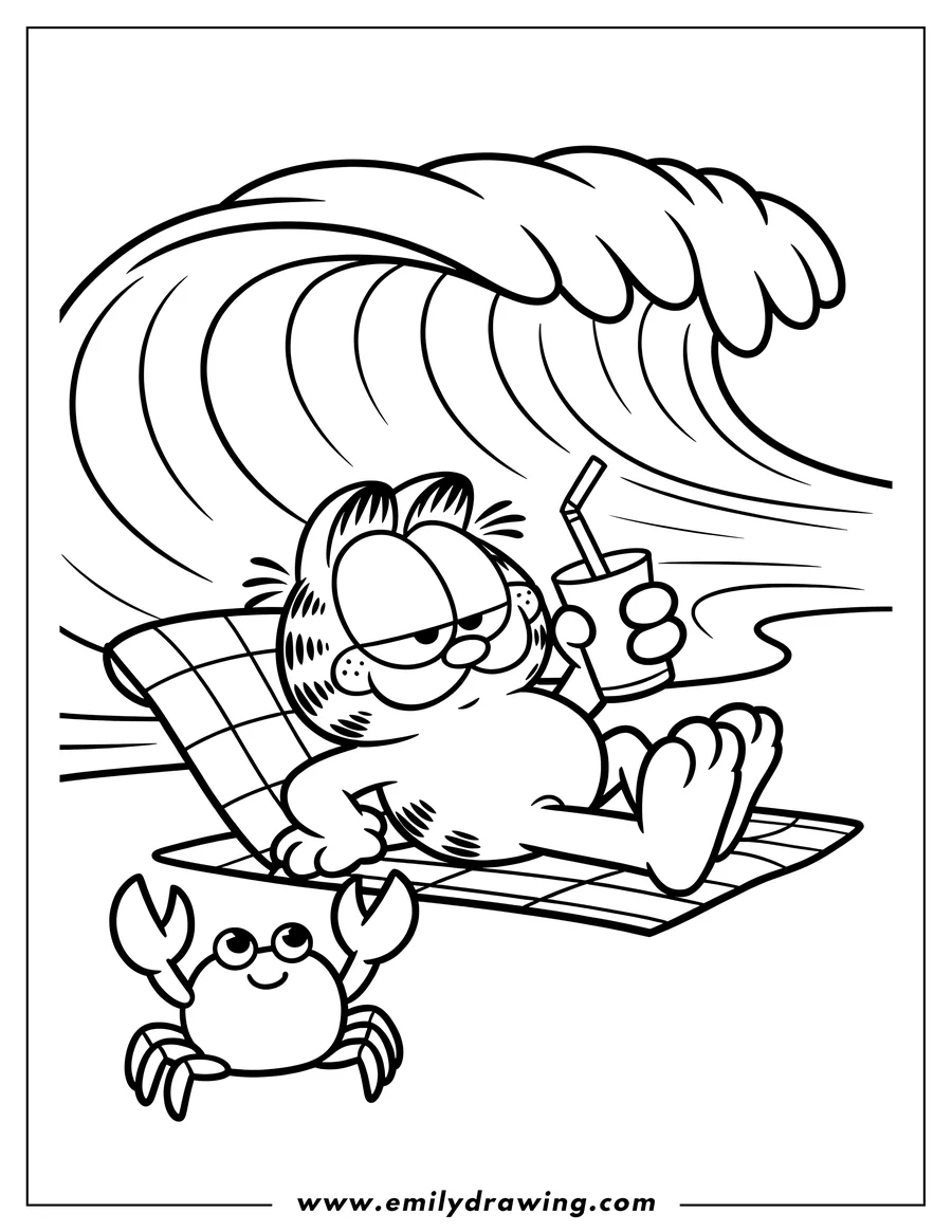 Line art of Garfield relaxing on a beach towel with a drink, a large wave in the background, and a crab nearby.