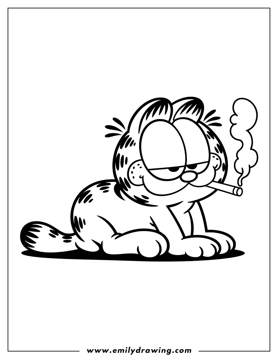 Line art of Garfield the cat lying down and relaxing.