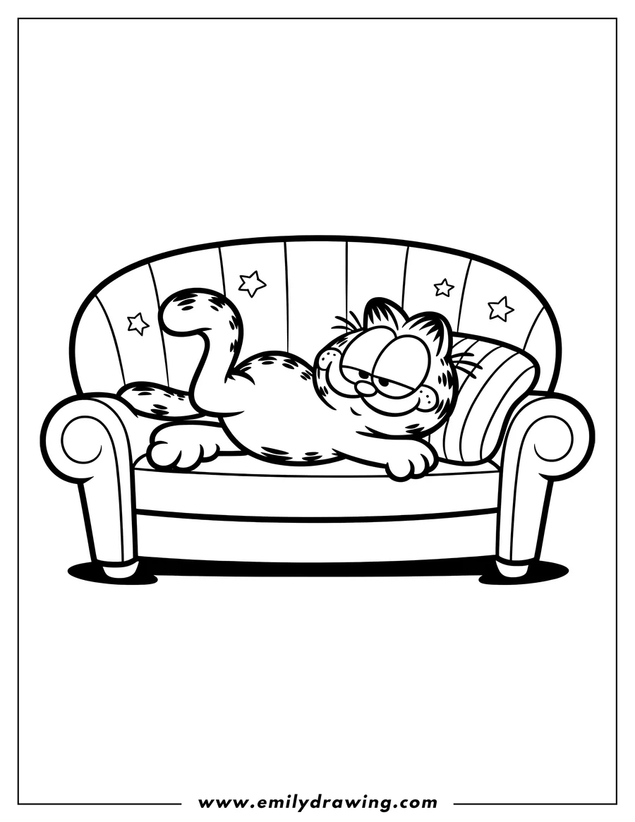Outline of Garfield the cat relaxing on a couch with a pillow