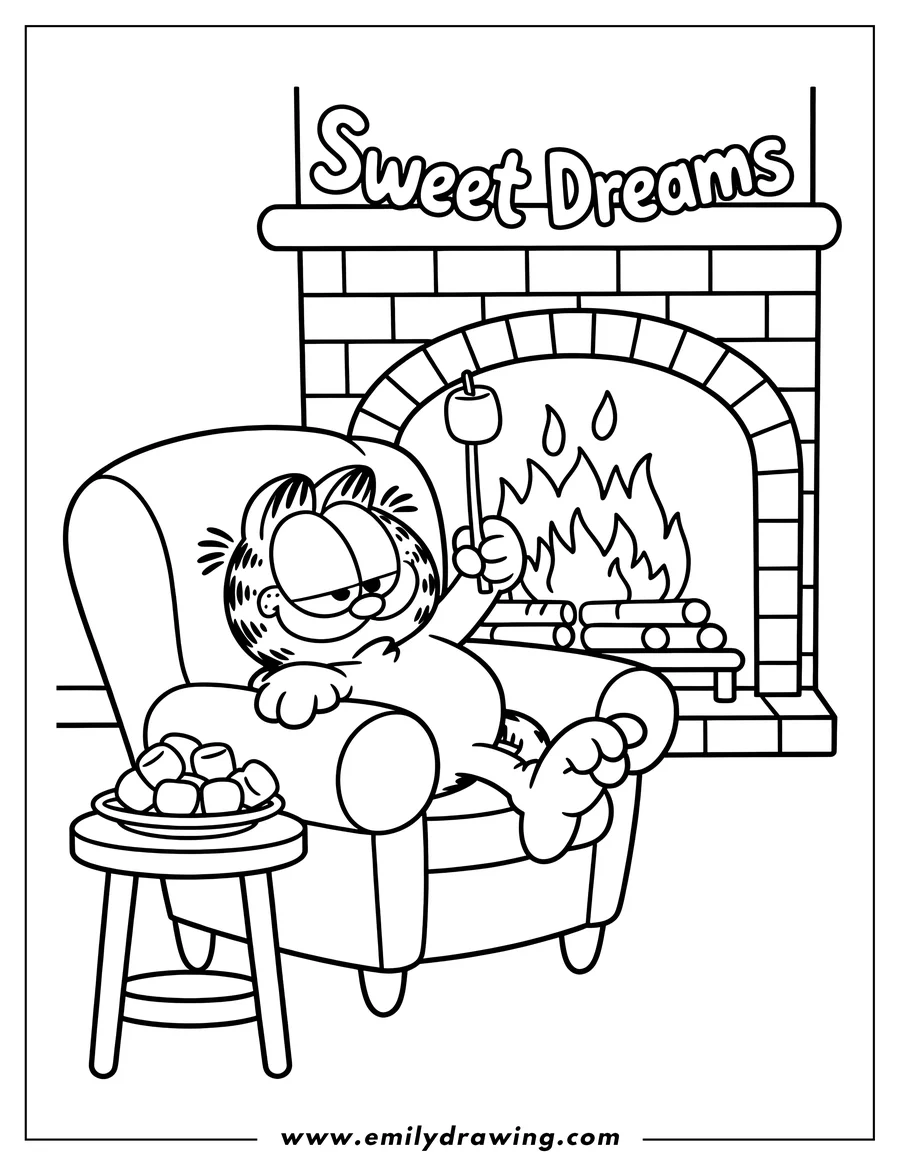 Line art of Garfield the cat relaxing in an armchair by a fireplace, roasting a marshmallow on a stick.  A plate of marshmallows sits on a small table beside him. The words 