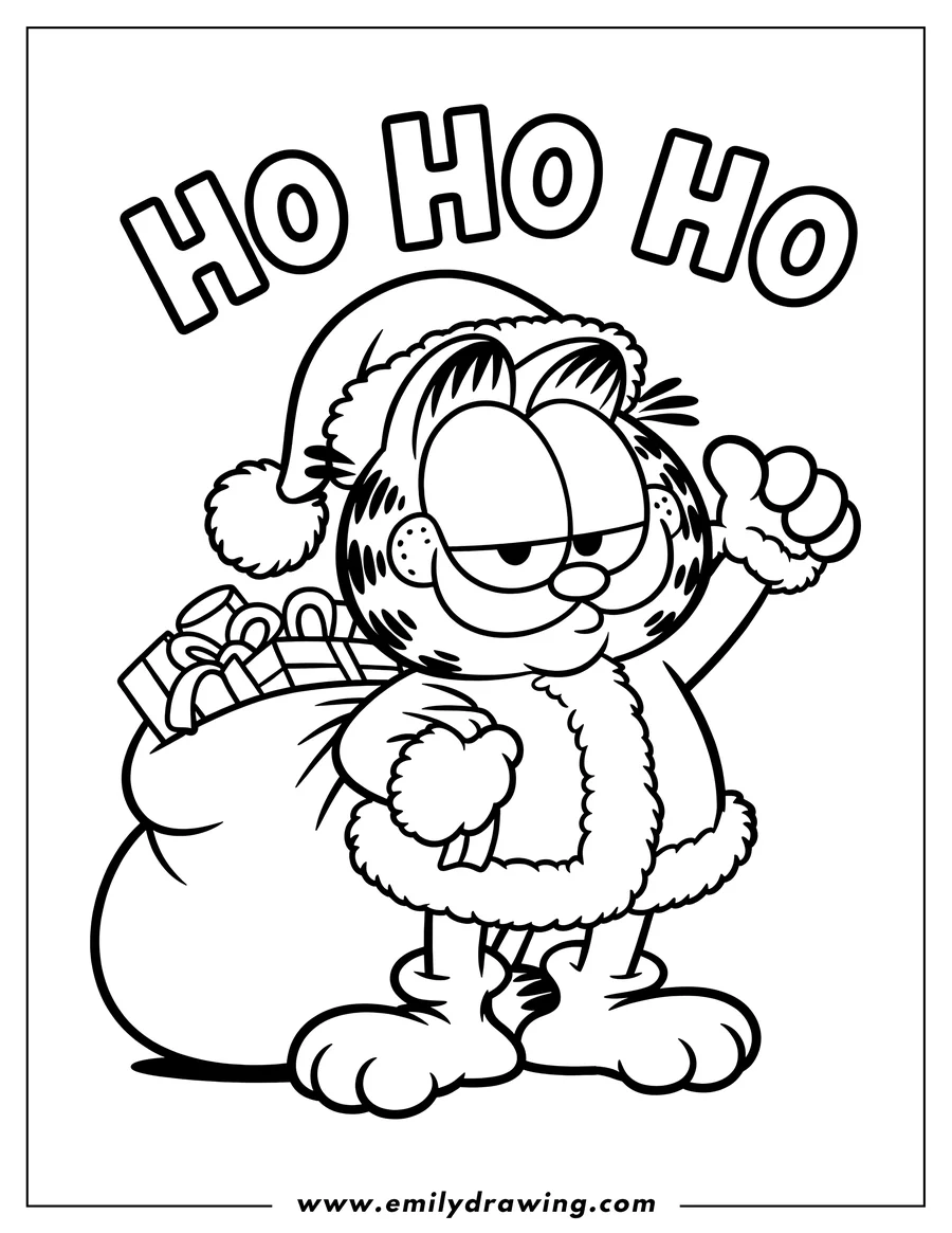 Outline of Garfield wearing a Santa suit and hat, holding a large bag overflowing with gifts. He appears to be waving.