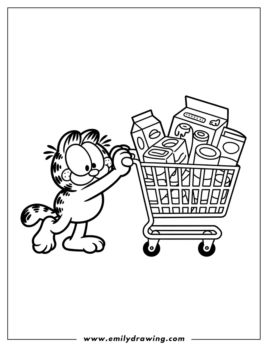 Line art of Garfield pushing a shopping cart full of groceries.