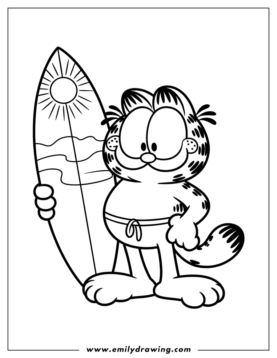Line art of Garfield the cat holding a surfboard. He's wearing swim trunks and smiling.
