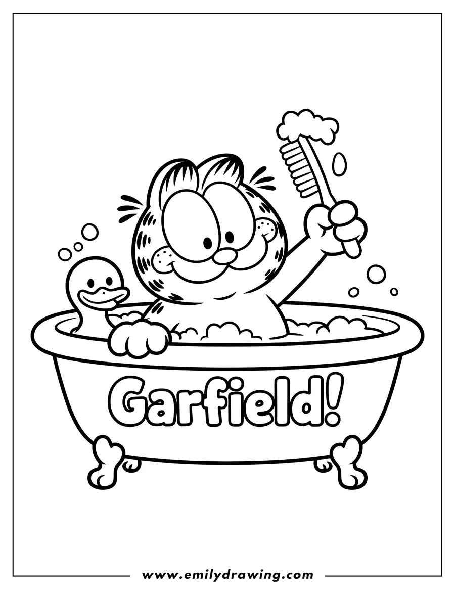 Line art of Garfield the cat enjoying a bath with a scrub brush and a rubber ducky.