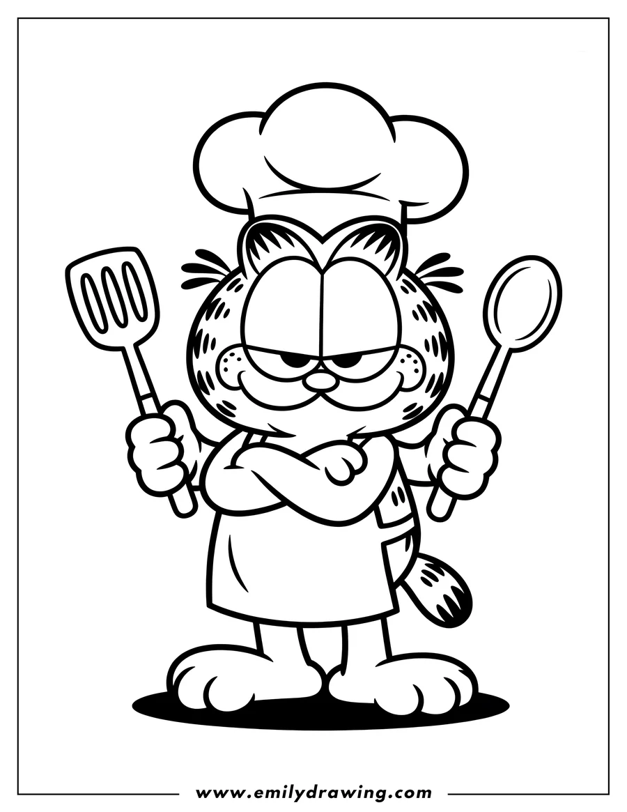 Line art of Garfield the cat dressed as a chef, holding a spatula and spoon, ready to cook.