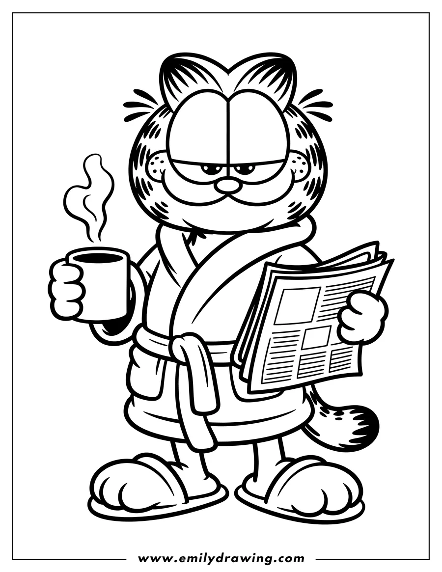 Line art of Garfield wearing a bathrobe, holding a steaming cup of coffee and a newspaper