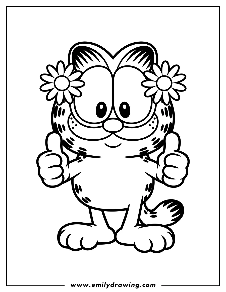 Outline of Garfield with daisies on his head, giving two thumbs up with a cheerful expression.