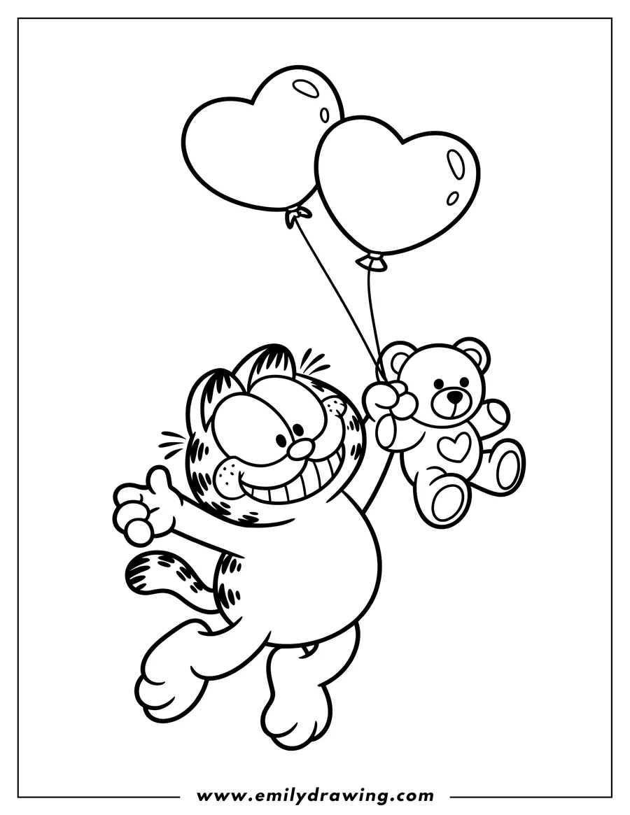 Line art of Garfield holding heart-shaped balloons and a teddy bear.