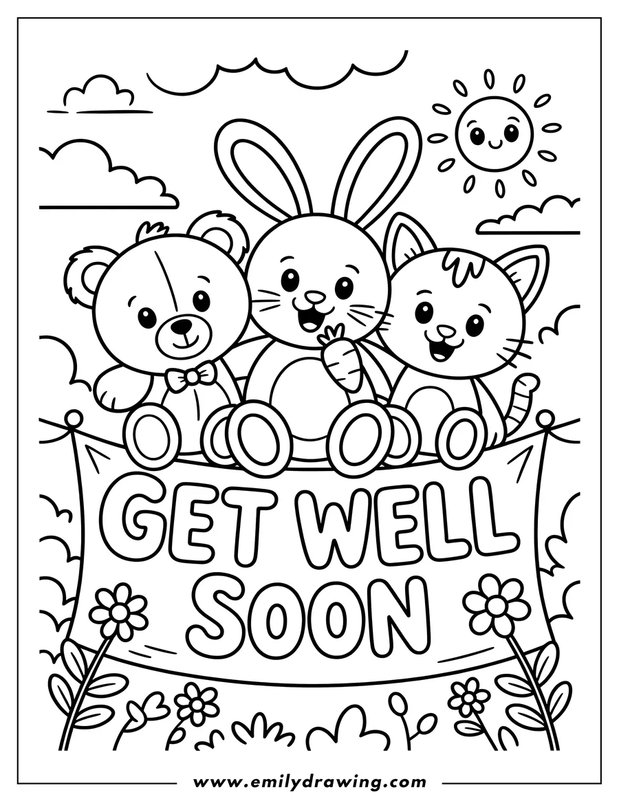 Line art of a teddy bear, bunny with carrot, and cat sitting on a 'Get Well Soon' banner, with flowers and a smiling sun in the background.