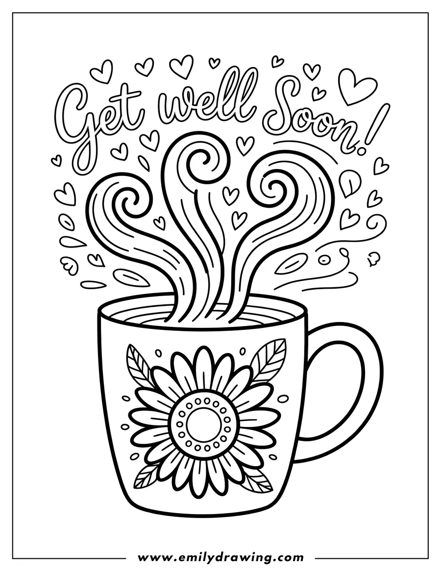 Line art of a mug with steam, decorated with a flower and leaves. The words 