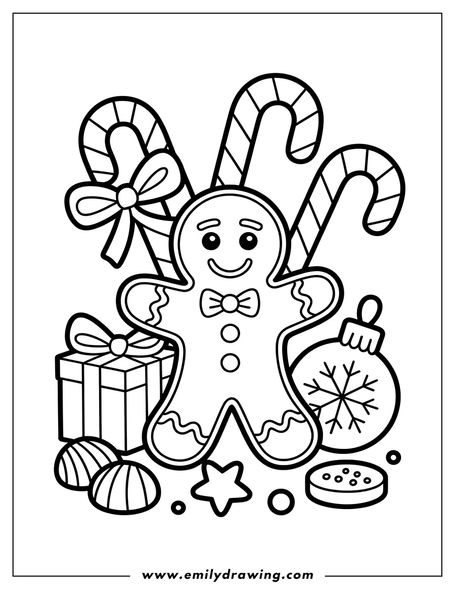 Outline of a gingerbread man with candy canes, a Christmas ornament, a present, and cookies.