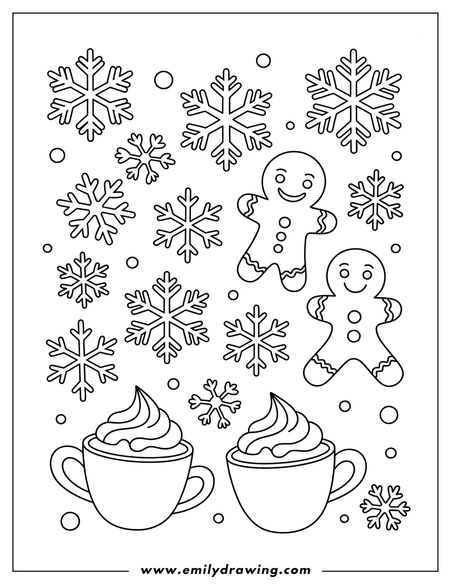 Line art of two gingerbread men, two cups of hot chocolate with whipped cream, and several snowflakes scattered around. A festive winter scene perfect for coloring.